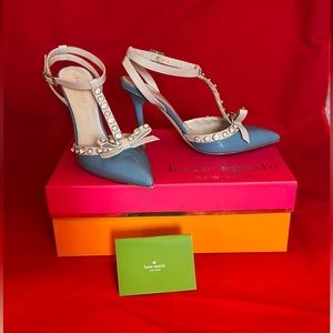 Kate Spade Lydia studded pumps in Alice Blue/Patent Pale Pink Nappa size 6